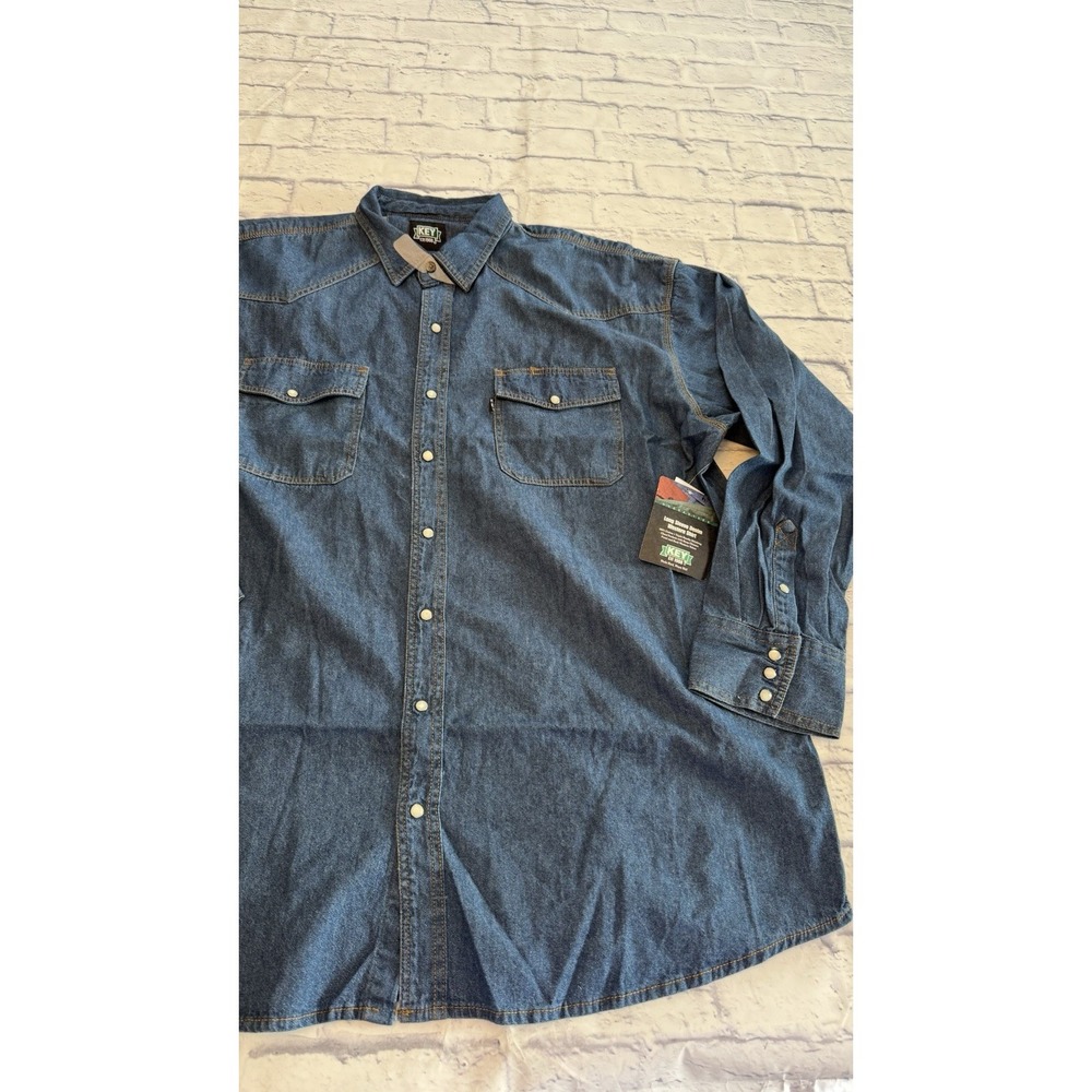 Vintage KEY 1908 Men's 3XL Tall Denim Western Pearl Snap Long Sleeve Shirt, NEW
